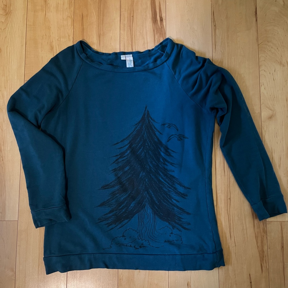 Teal Bamboo Knit Sweatshirt with Original Screen Print Design